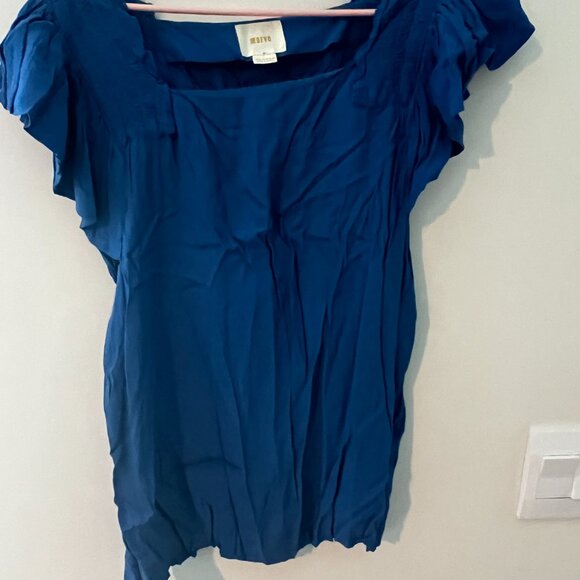 Maeve Anthropologie Epaulet Blue Ruffle Sleeve Square NeckTop Blouse size 12 - Picture 6 of 11